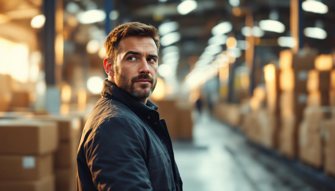 Packaging manufacturing facility manager walking past a corrugated cardboard production line at golden hour
