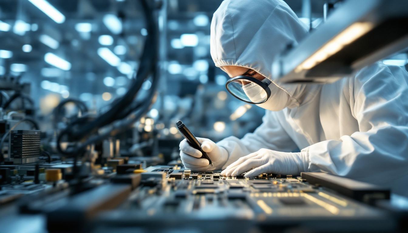Electronics manufacturing technician in cleanroom attire inspecting a circuit board with magnifying glass in a clean SMT line facility
