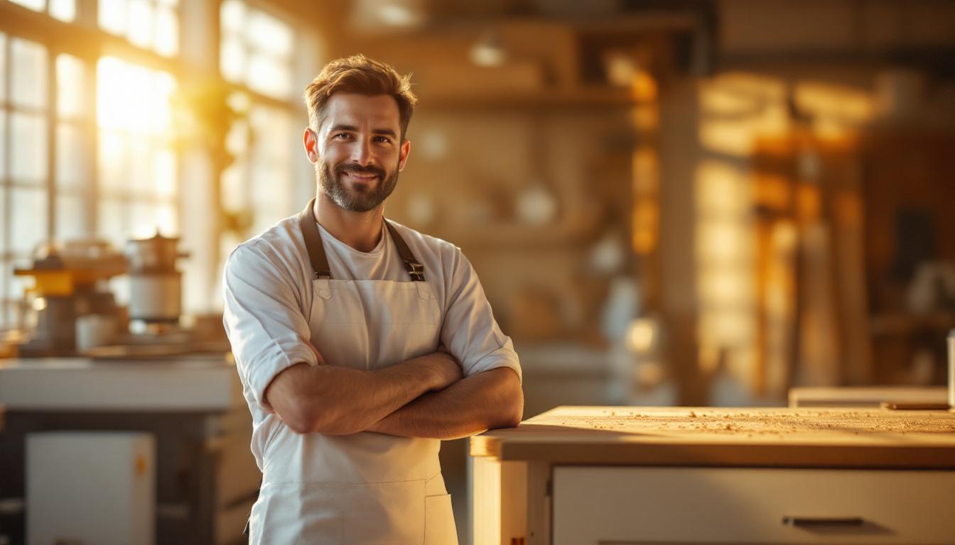 Custom cabinet maker in clean work apron next to a finished kitchen cabinet display in his shop with blurred CNC router behind
