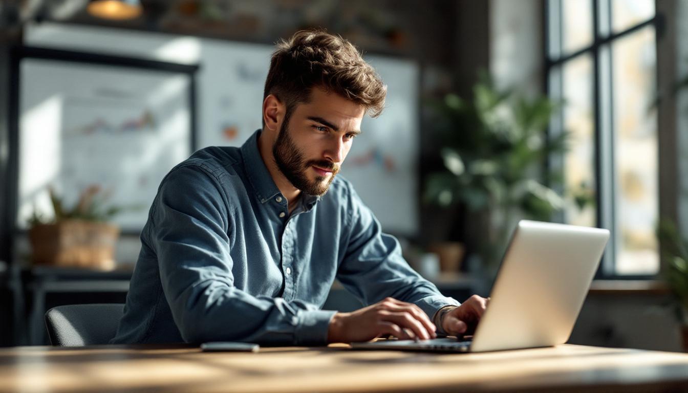 Young SaaS founder at a modern co-working space reviewing metrics on a laptop