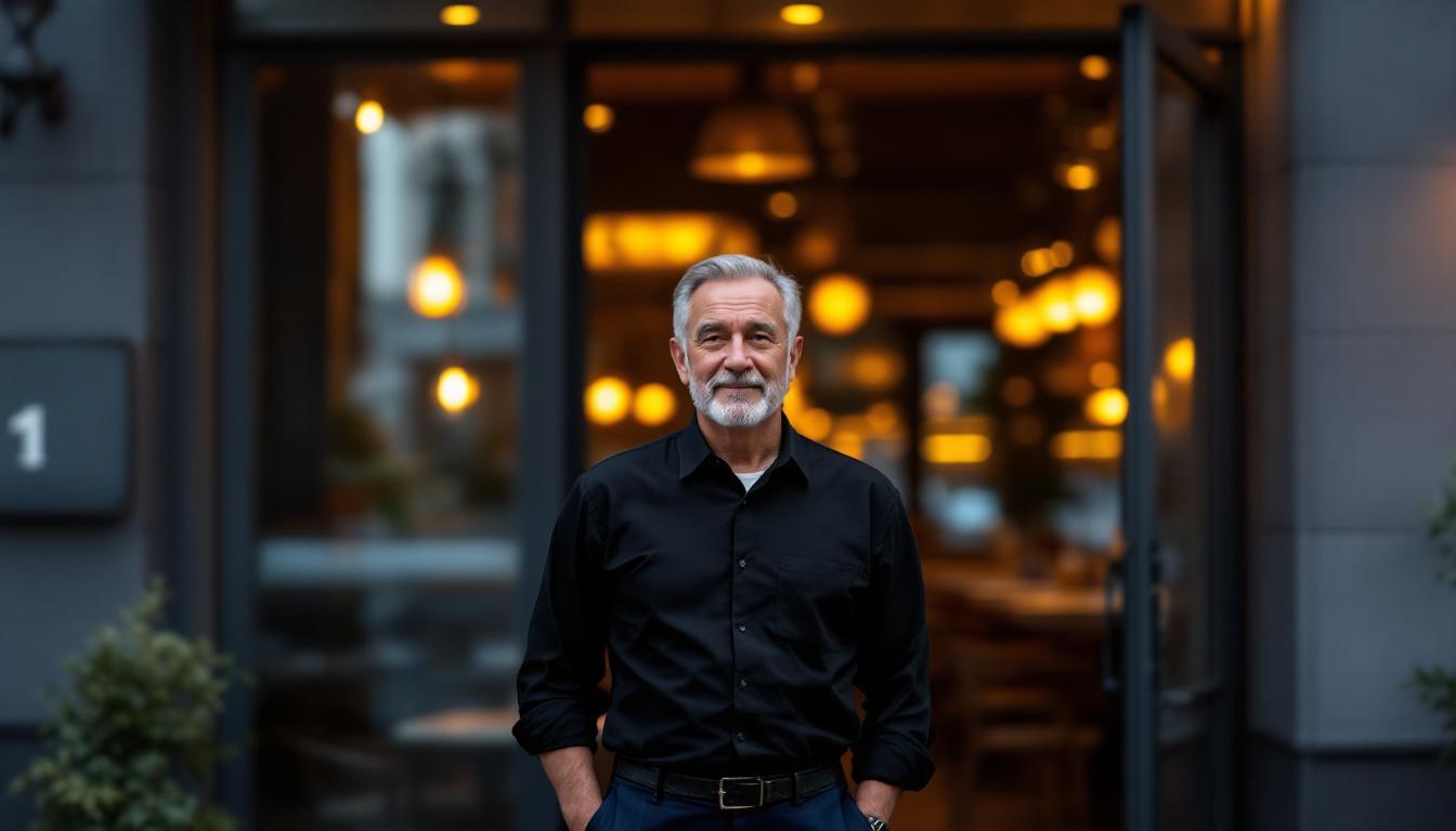 Restaurant owner standing at the entrance of his clean polished restaurant in early evening with warm interior lighting