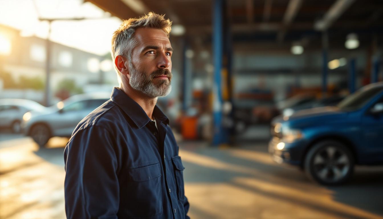 Auto repair shop owner in clean work uniform standing at the edge of his shop bay with afternoon light