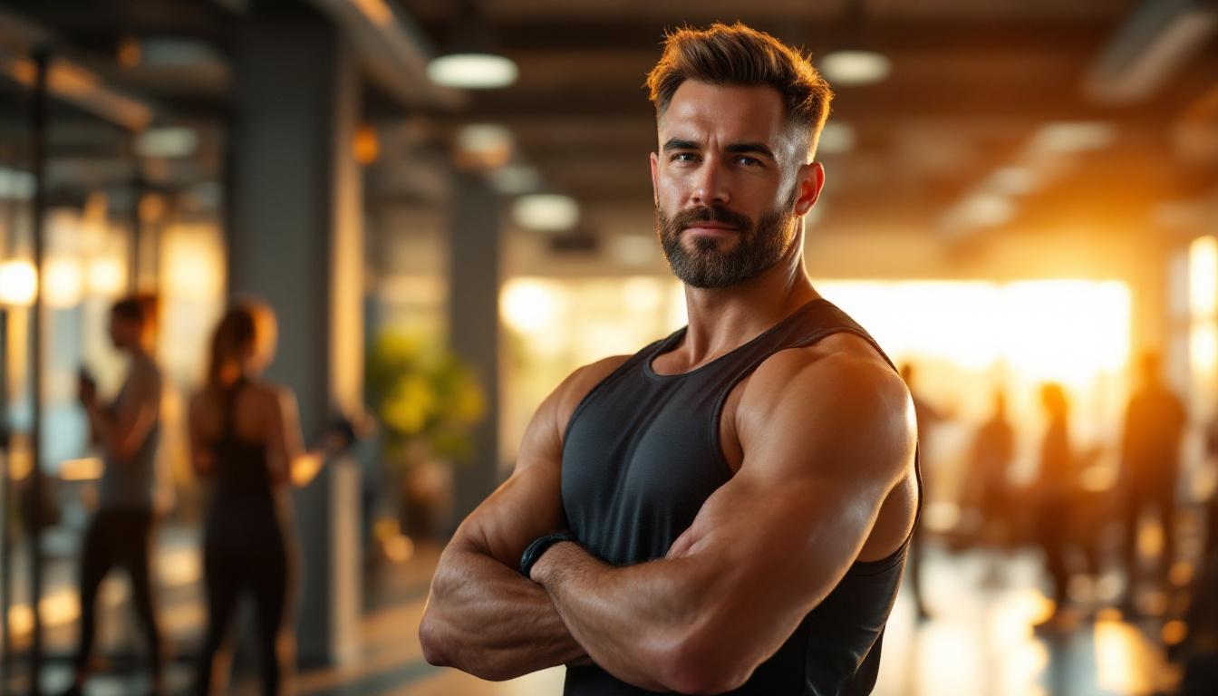 Gym owner in athletic wear standing in his clean modern fitness facility at golden hour with members in soft-focus background