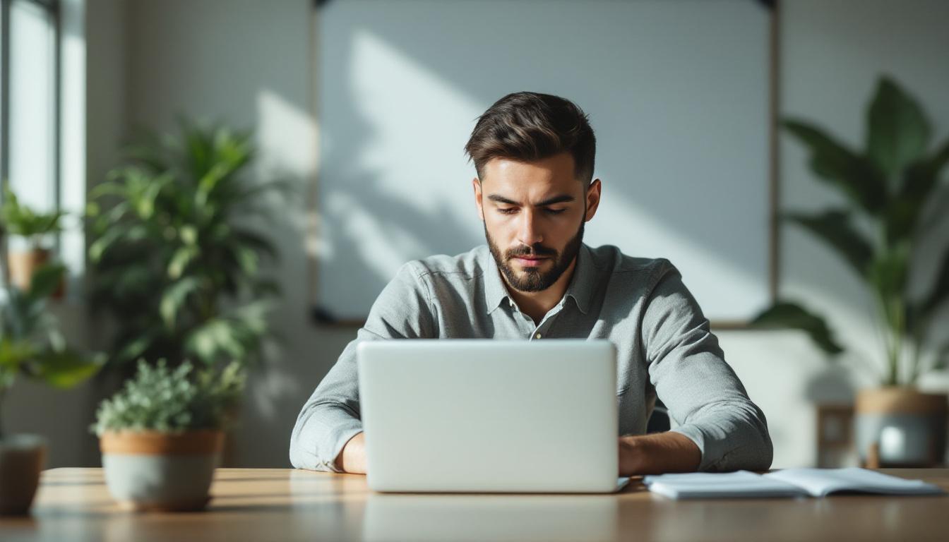 SaaS founder at a modern co-working desk reviewing a laptop with soft natural light and blurred whiteboard behind