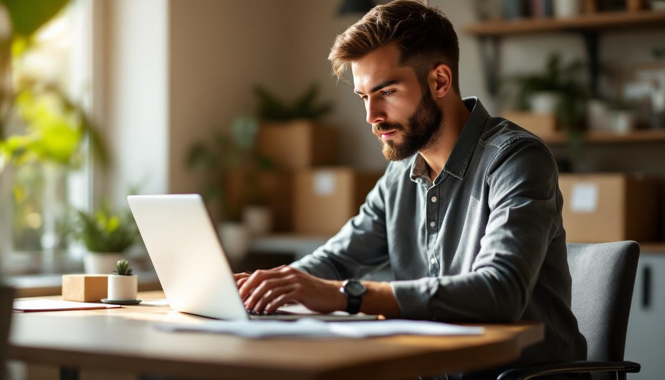 Ecommerce founder reviewing analytics on a laptop in a home office with shipping boxes in the background