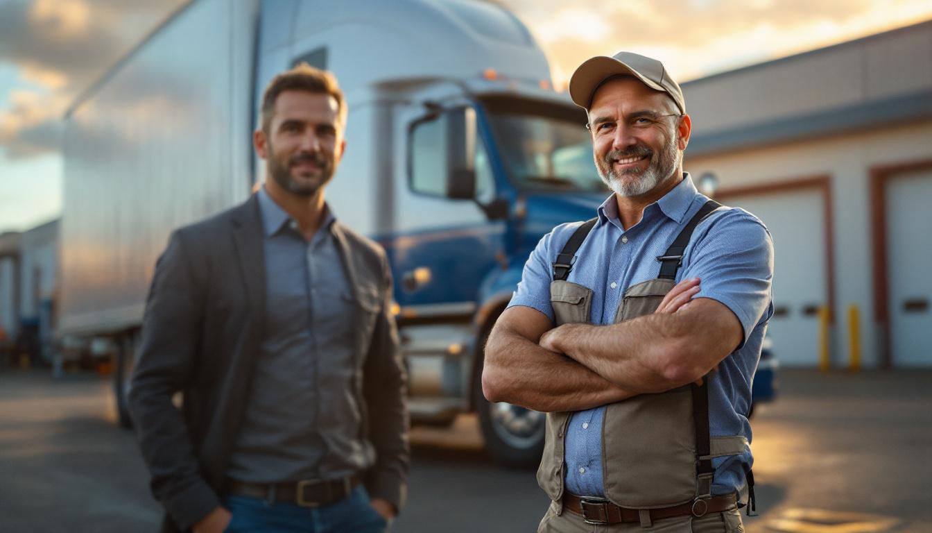 Trucking company owner standing next to a fleet truck at a clean truck yard during golden hour