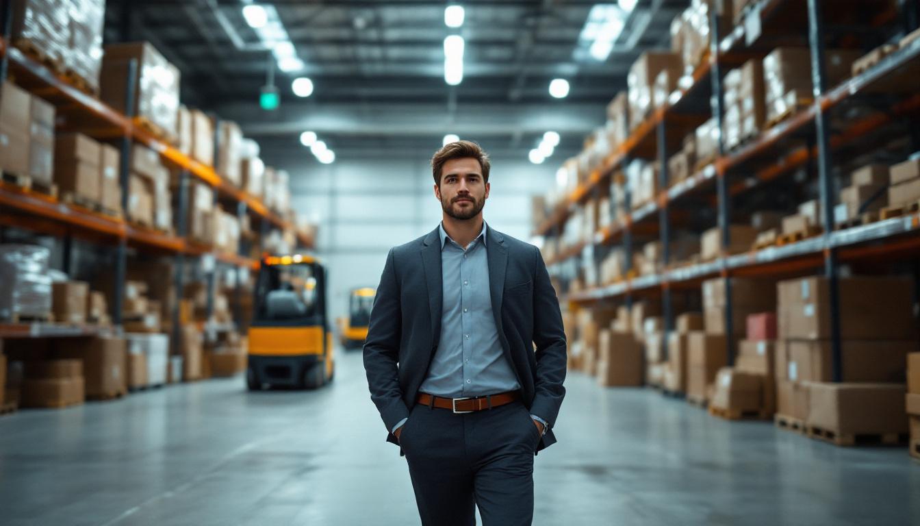 Wholesale business owner walking through a clean industrial warehouse with high-bay racking and forklifts