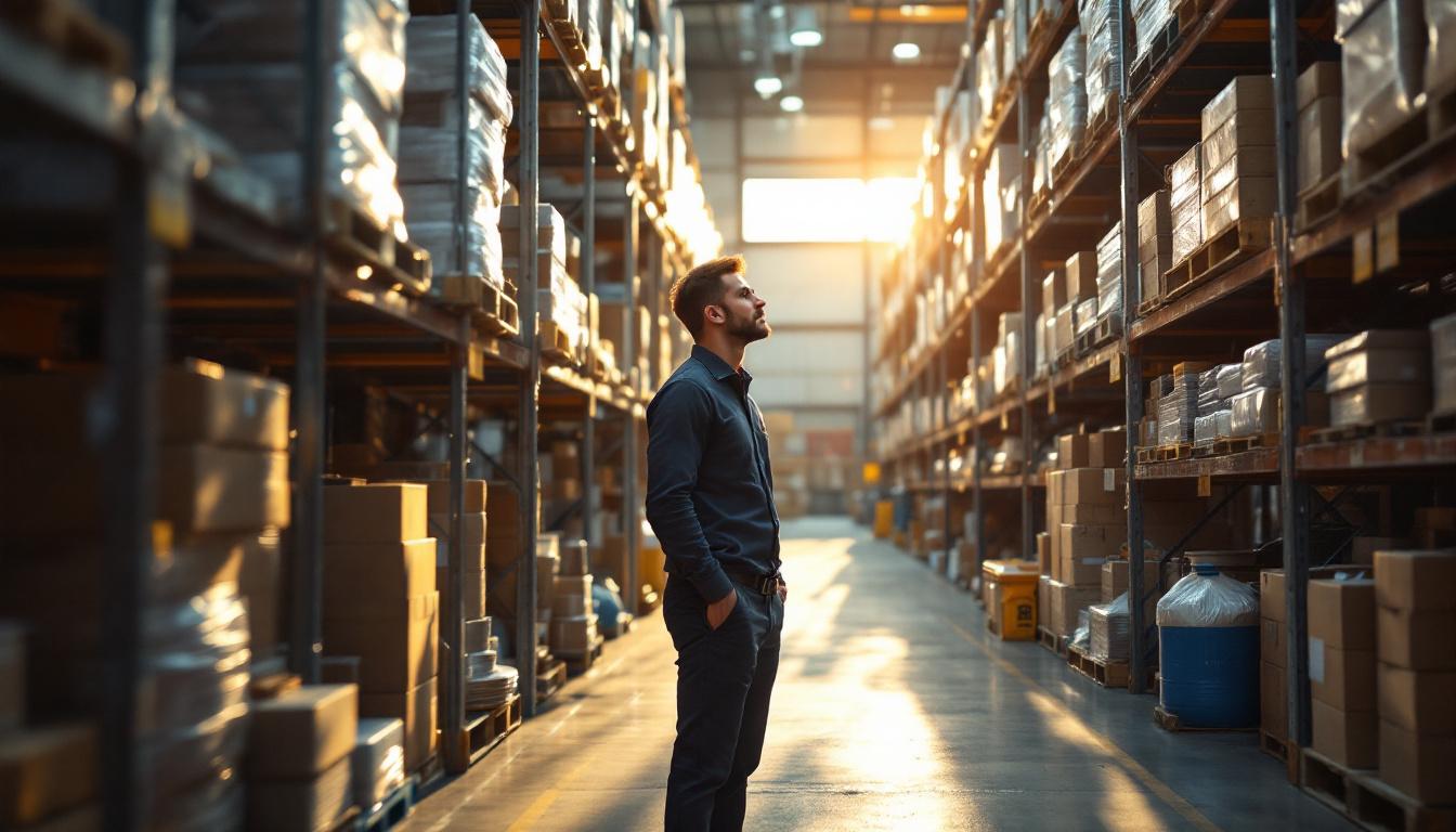 Industrial distribution warehouse manager reviewing inventory at warehouse aisles with industrial supply on shelves