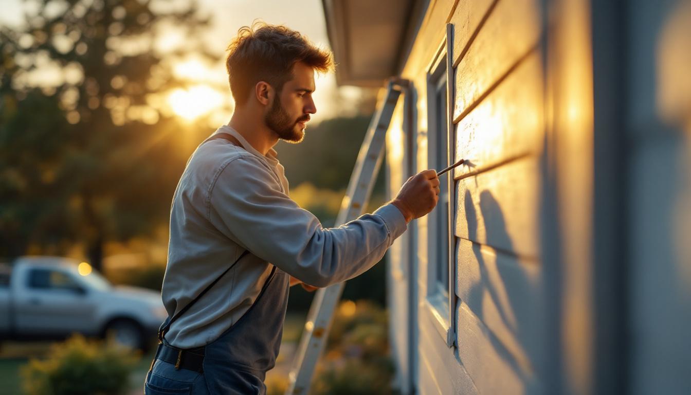 A residential painter in clean work clothes finishing the trim of a residential home at golden hour, blurred ladder and pickup truck behind