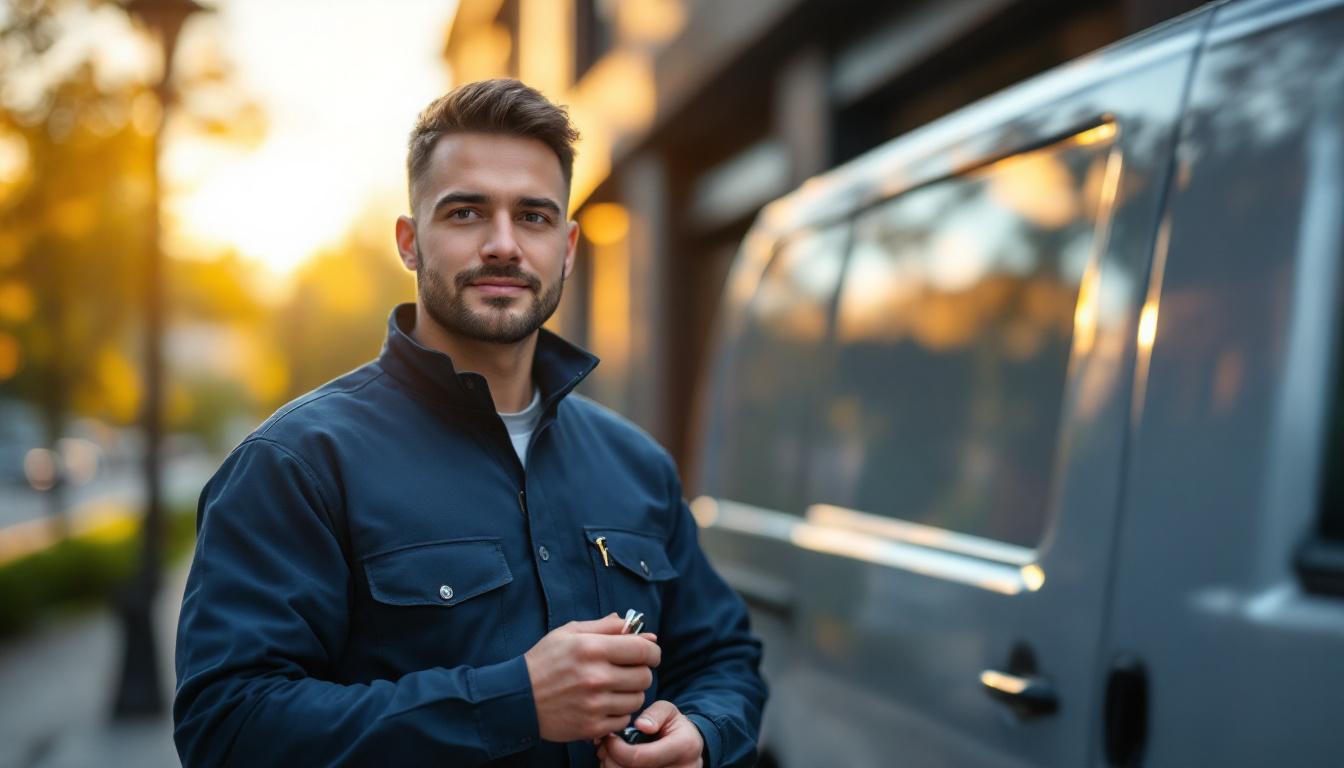 A locksmith in clean professional uniform standing next to a service van outside a commercial building, soft natural light, no logos visible
