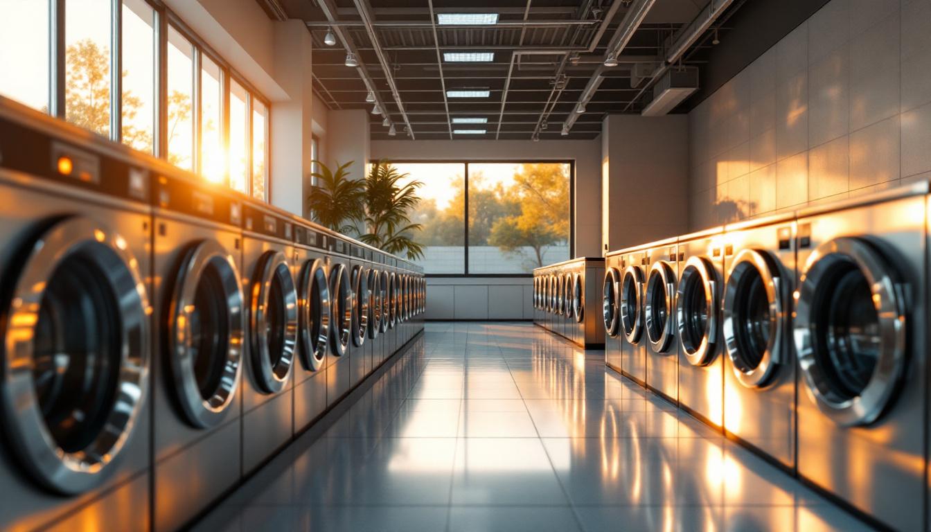 A clean modern laundromat interior at golden hour with rows of front-load machines, no customers visible, soft natural light from large windows