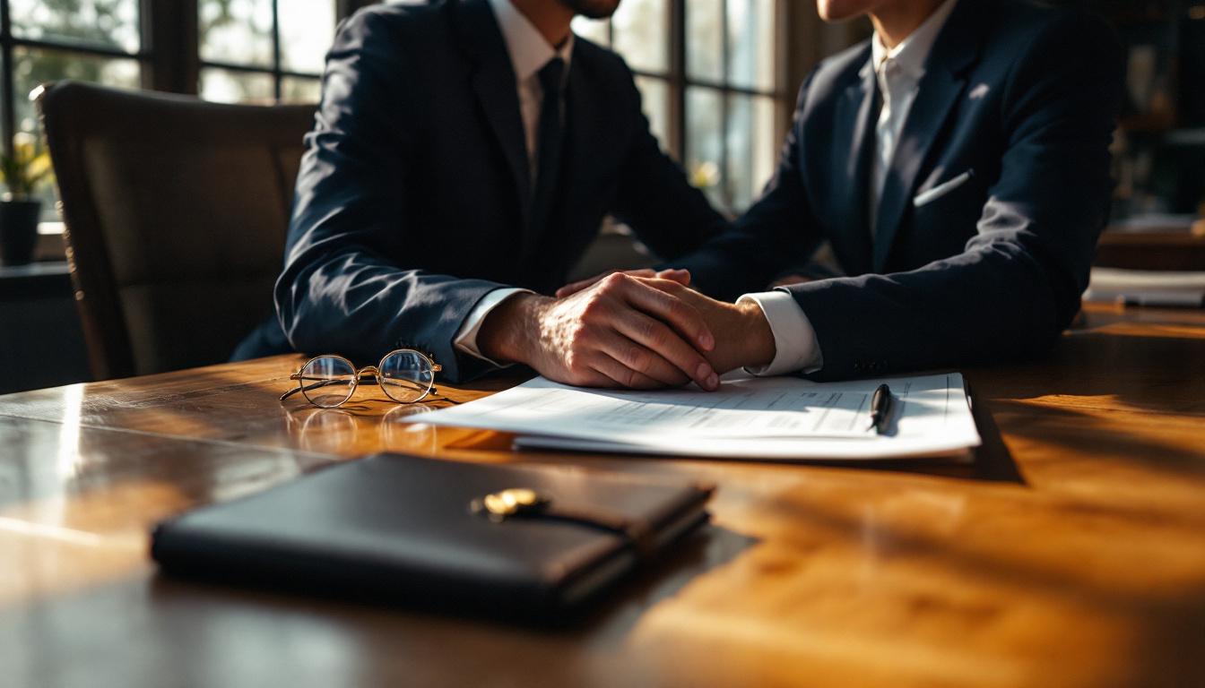 An insurance agent in business attire reviewing paperwork at a polished wooden desk in a sunlit office, leather portfolio + reading glasses
