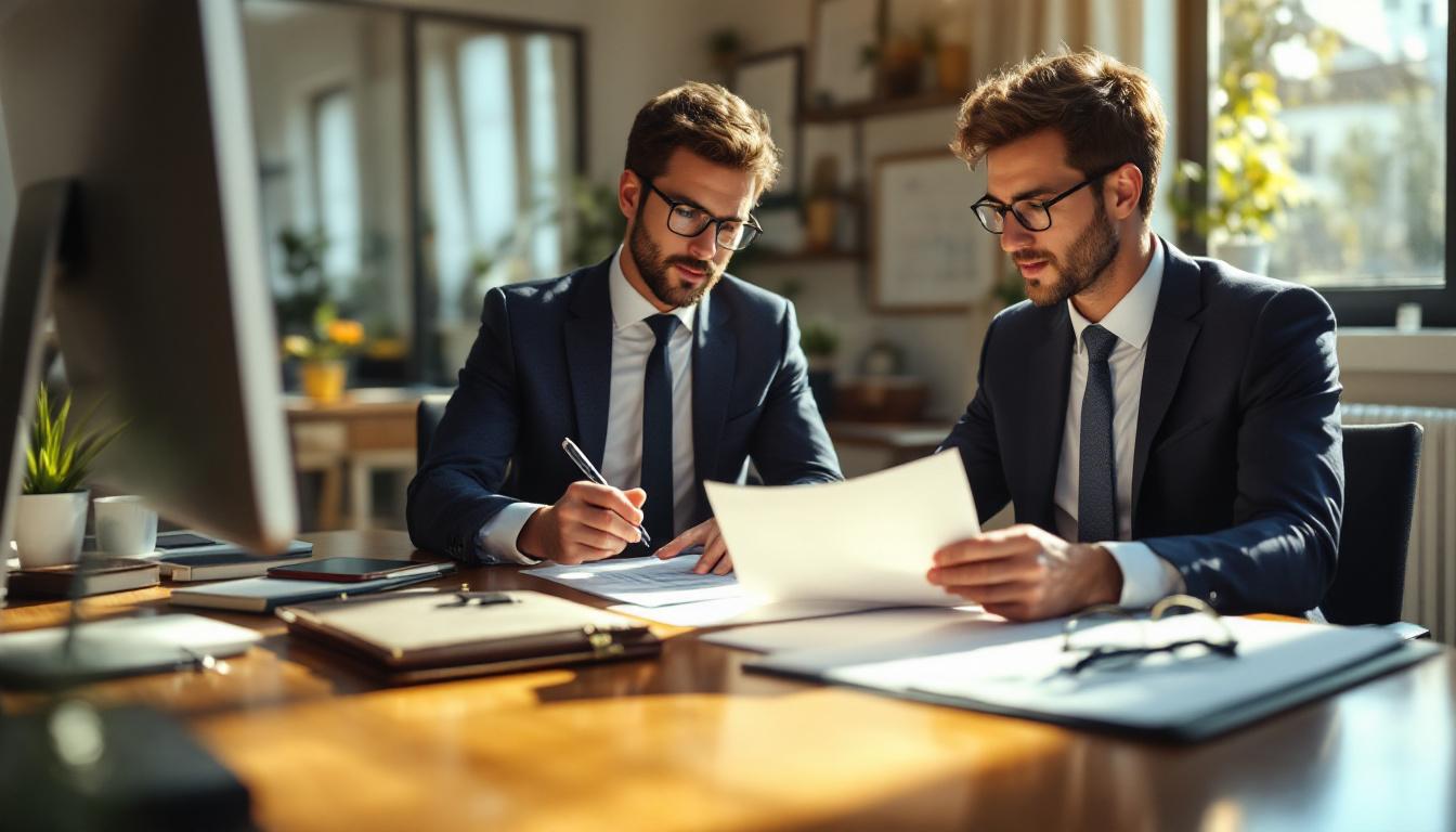 Two accountants in business attire reviewing financial documents at a polished desk in a sunlit office