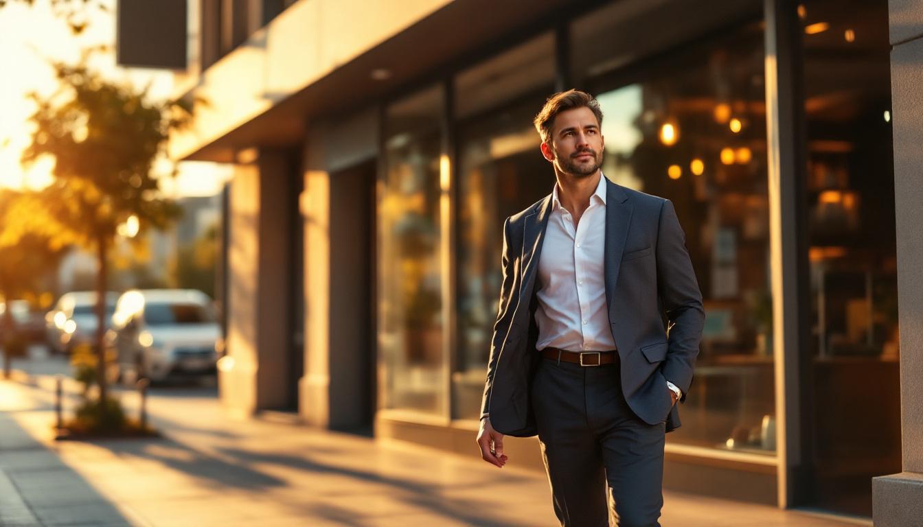A multi-unit franchise owner walking past one of his retail locations at golden hour