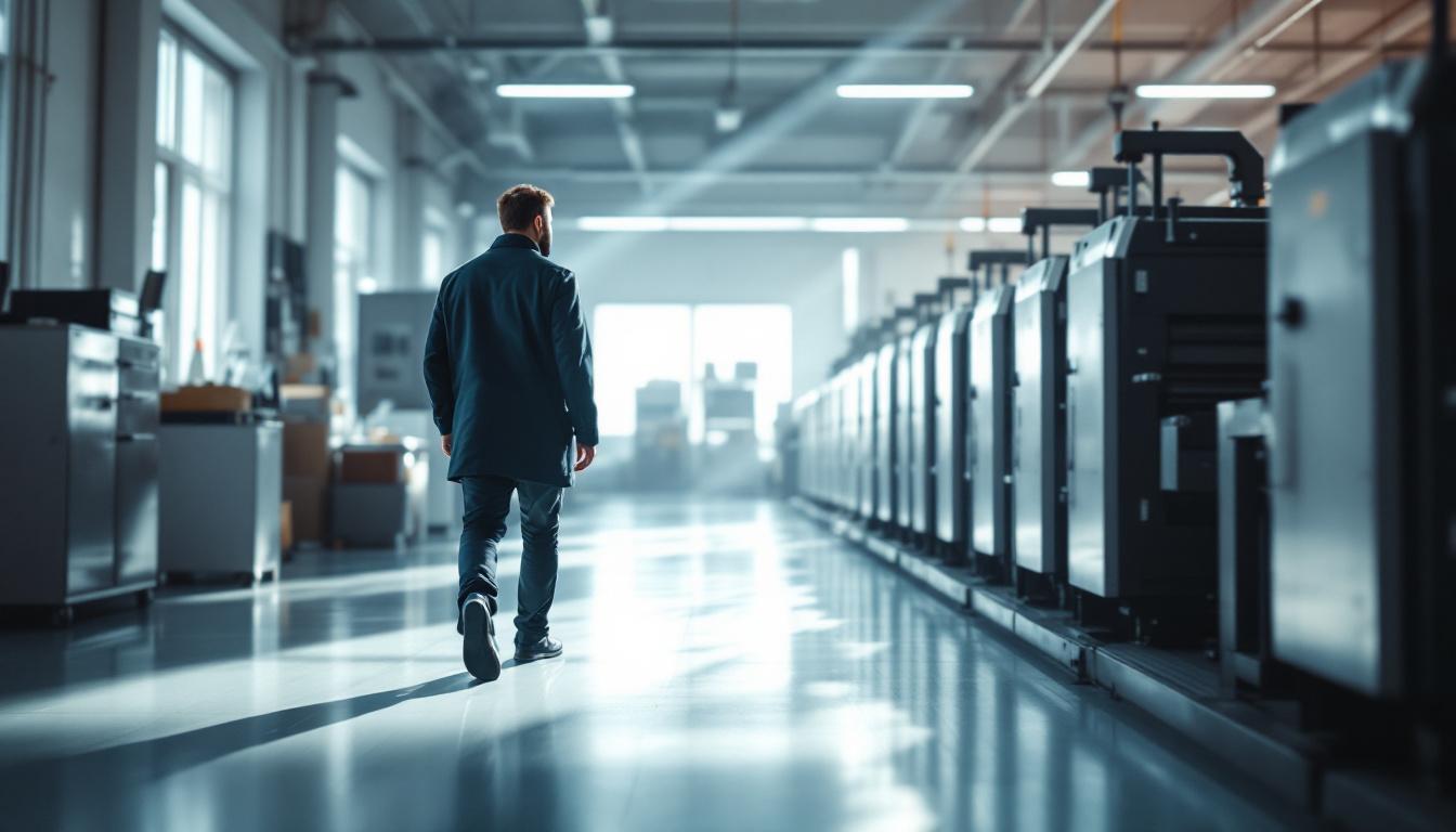 A commercial printing facility manager walking past a large offset press in a clean print shop