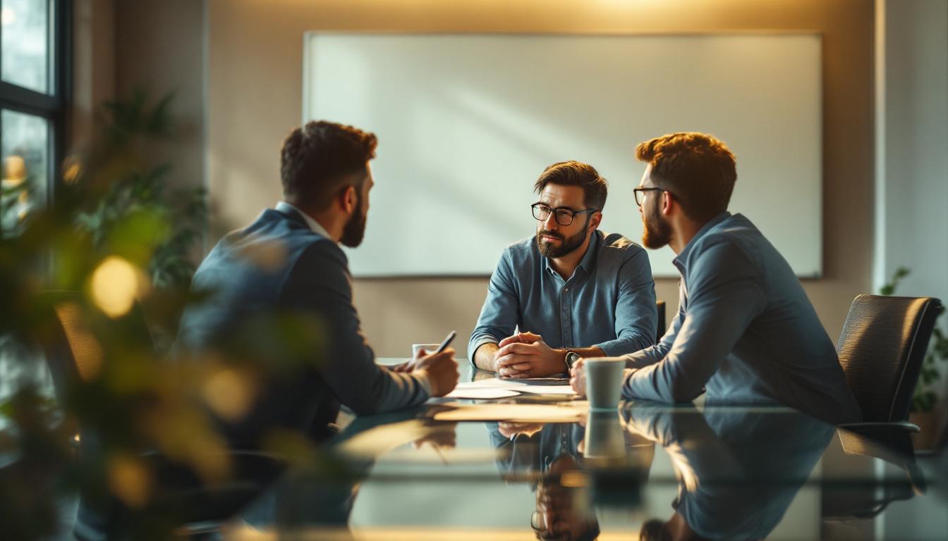 Three consultants in business casual at a glass conference table mid-strategy session