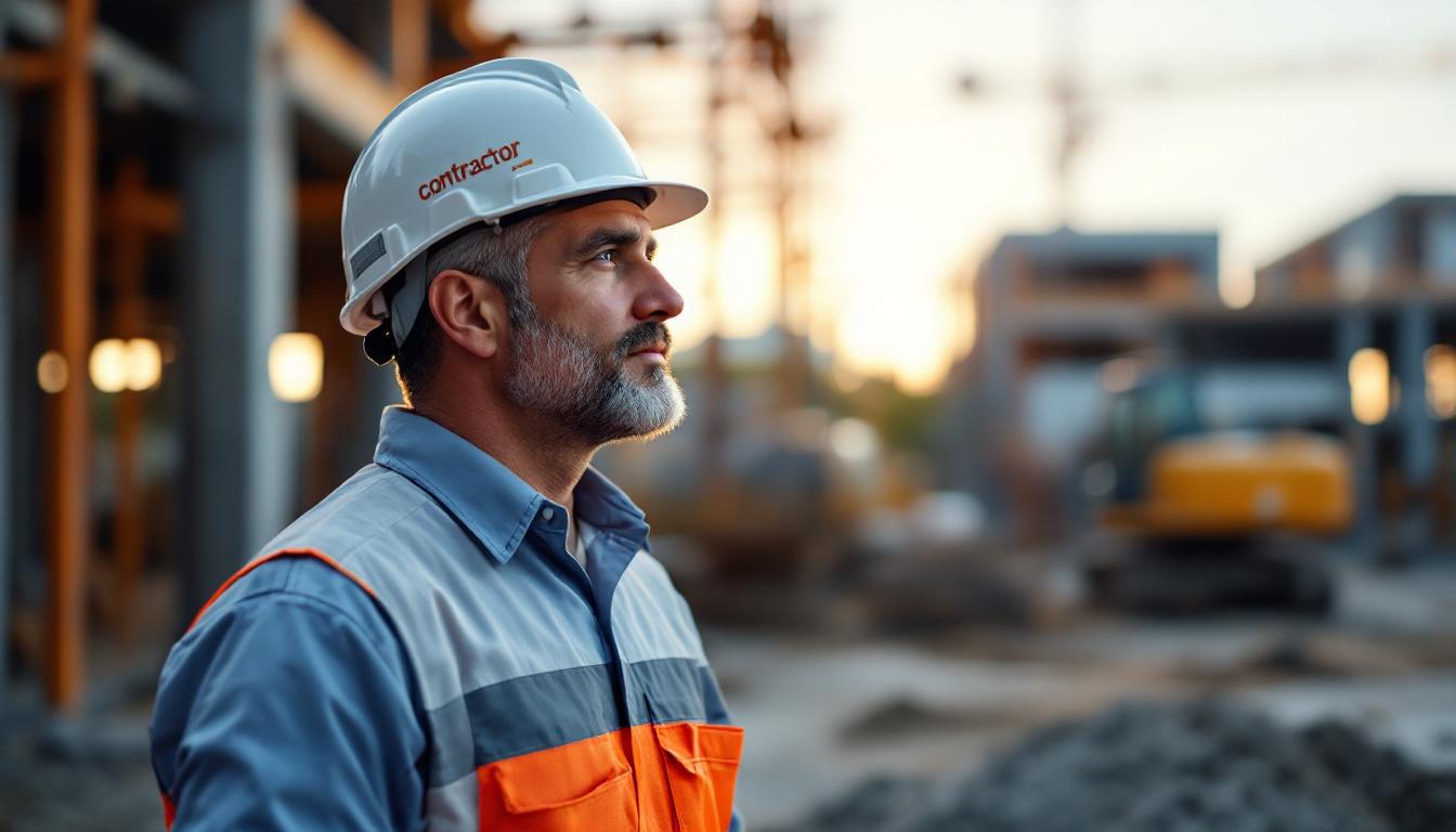 General contractor in clean work uniform with hard hat looking out across a small commercial construction site at golden hour