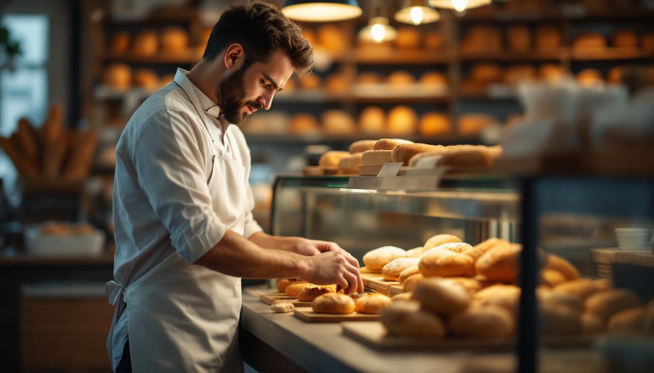 Bakery owner in clean white apron arranging fresh pastries in a glass display case at golden hour