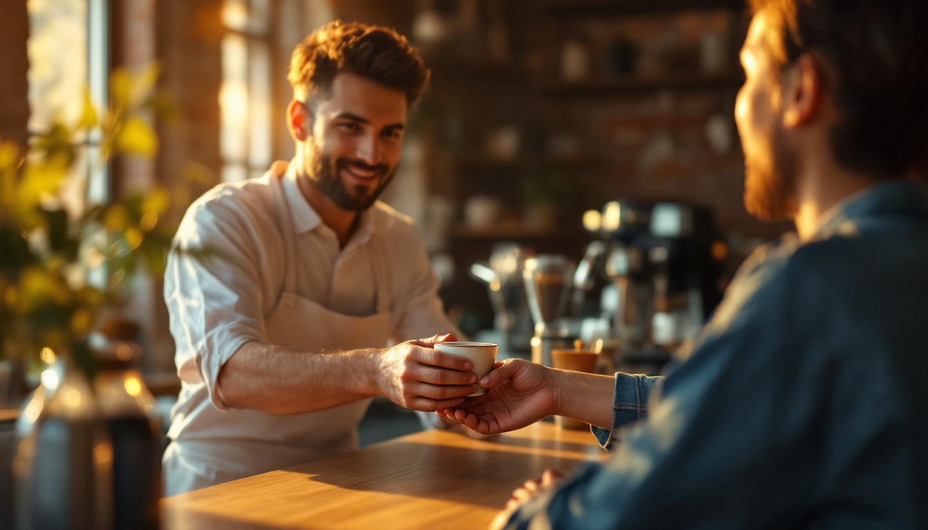 Cafe owner in clean apron handing a small coffee cup across the counter to a blurred customer at golden hour
