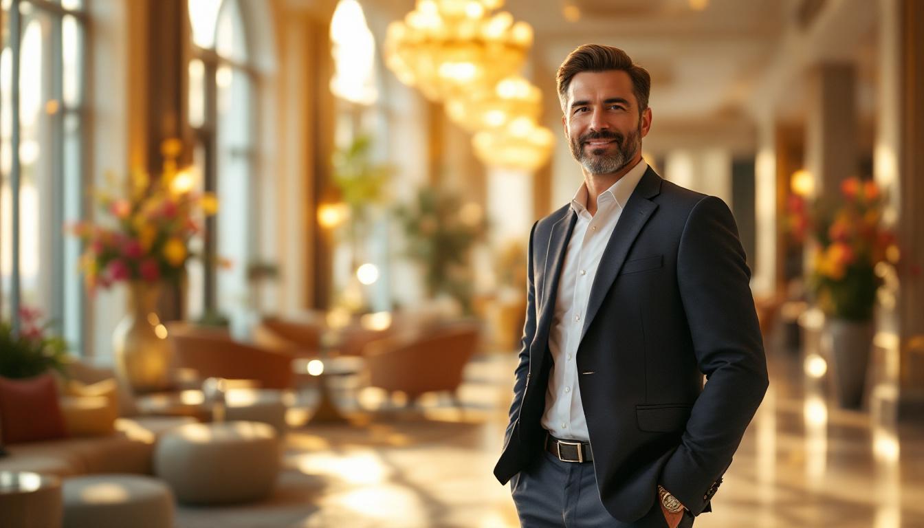 Hotel owner standing in a sunlit hotel lobby with elegant furnishings at golden hour