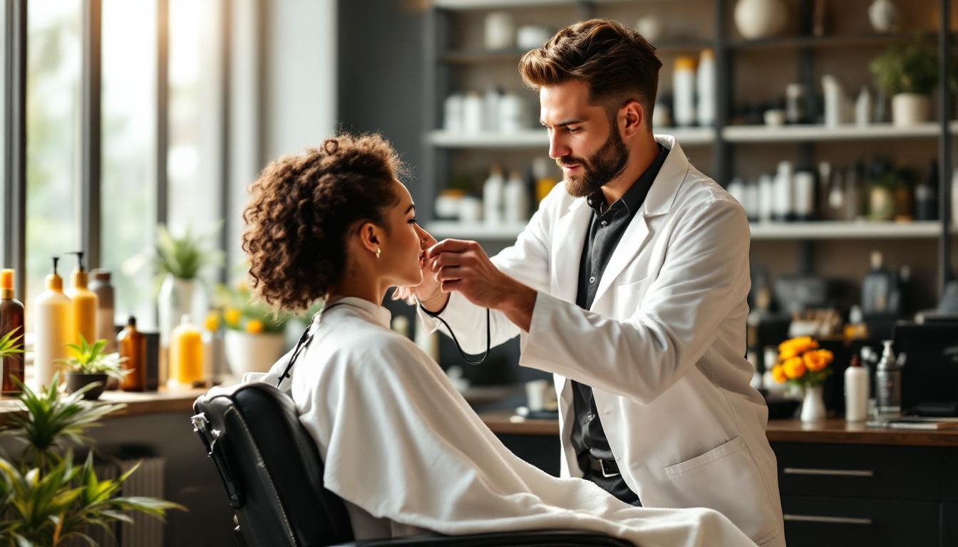 Salon owner styling a client at a station in a sunlit modern salon