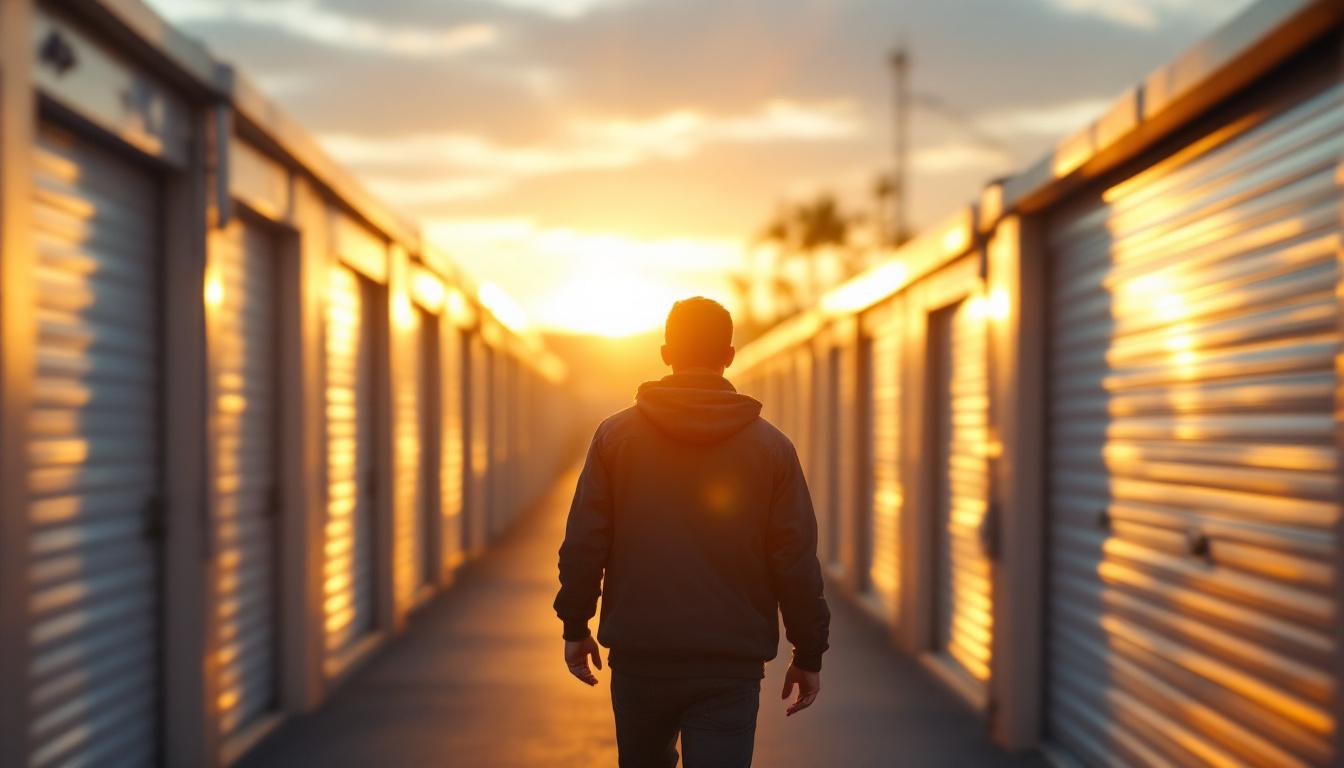 Self storage facility owner walking through a row of clean storage units at golden hour