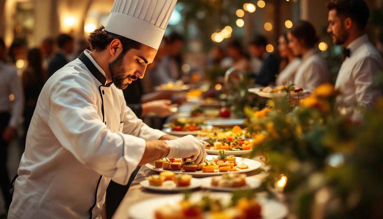 Caterer in clean white chef coat plating elegant appetizers on a buffet line at a private event with warm directional lighting