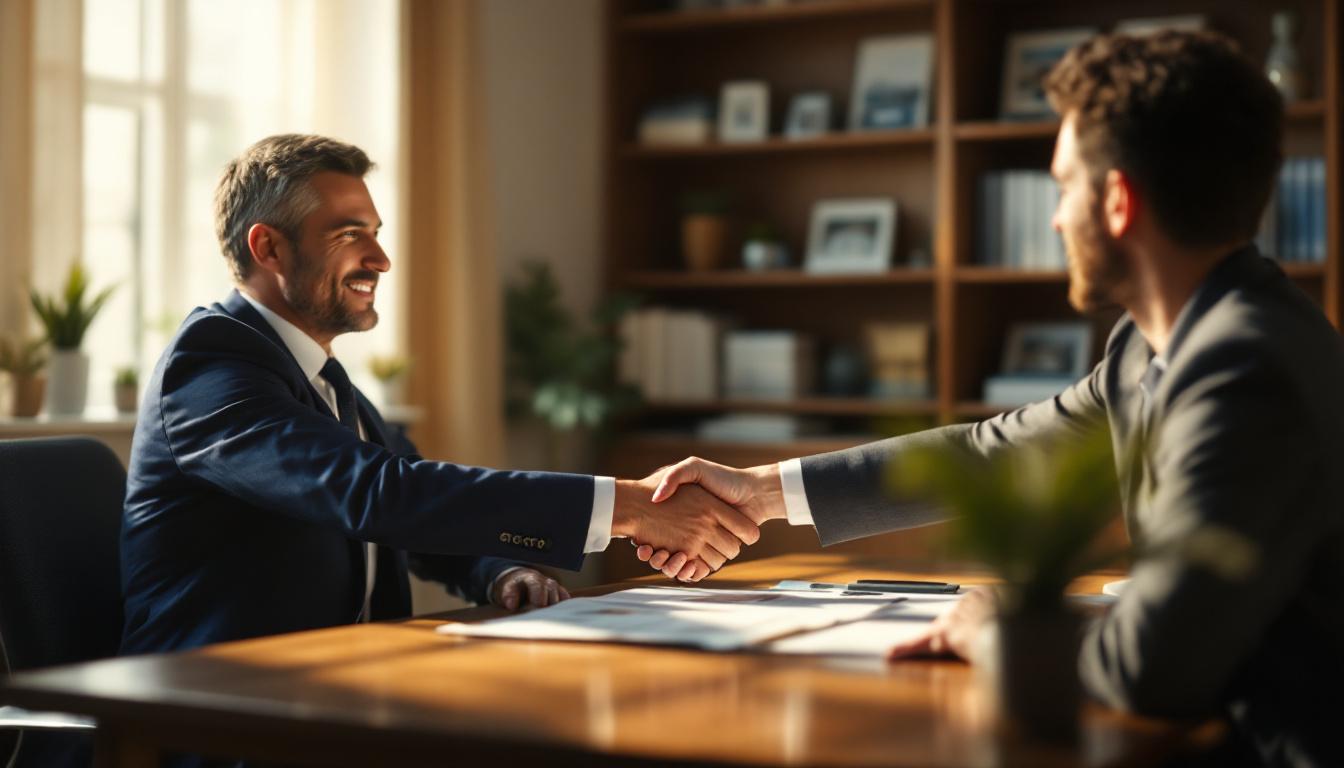 Real estate broker in business attire shaking hands with a client at a polished desk in a sunlit office, blurred listings on bookshelves behind