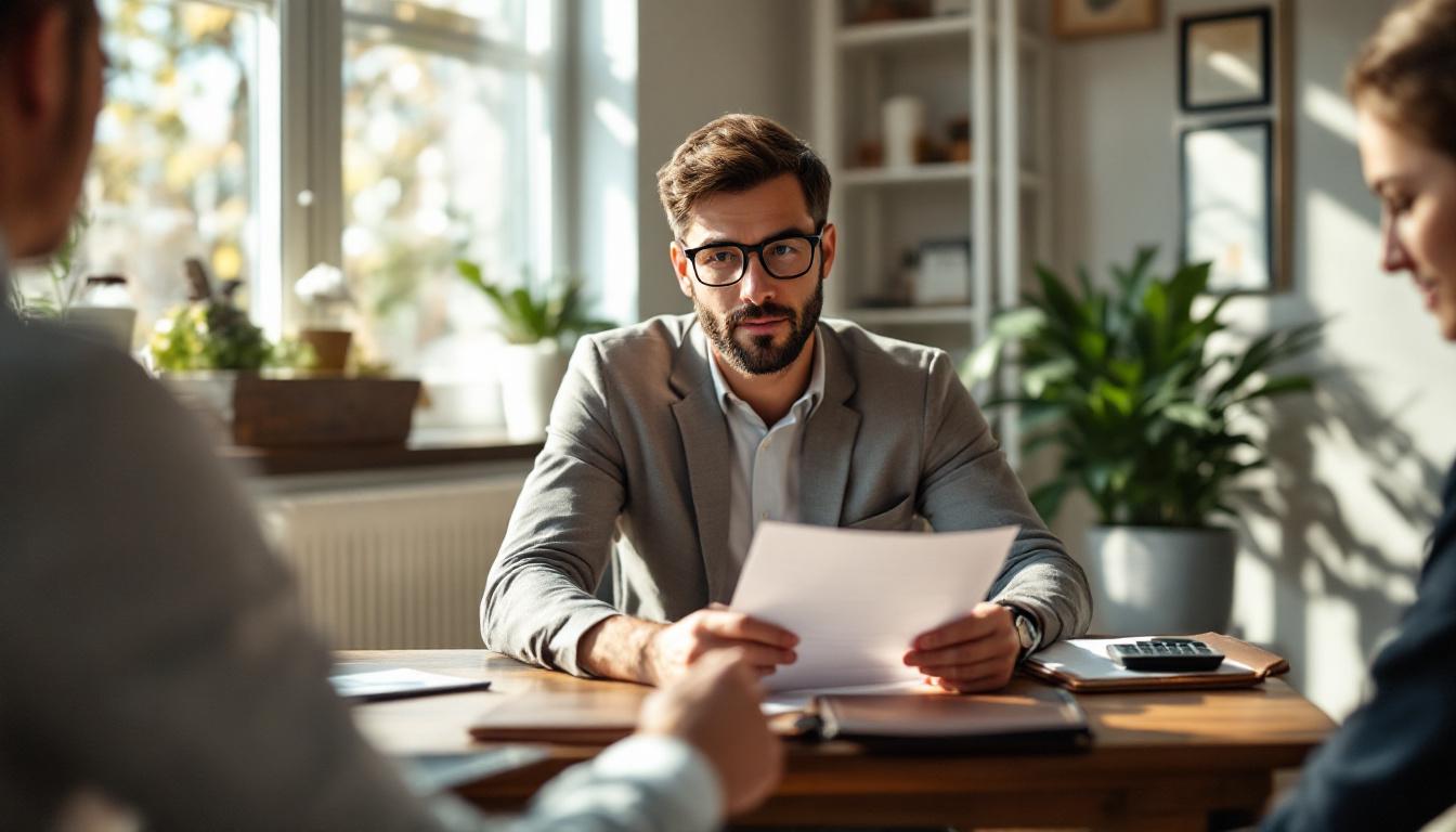 Tax preparer in business casual reviewing forms with a client at a wooden desk in a sunlit office with calculator and reading glasses
