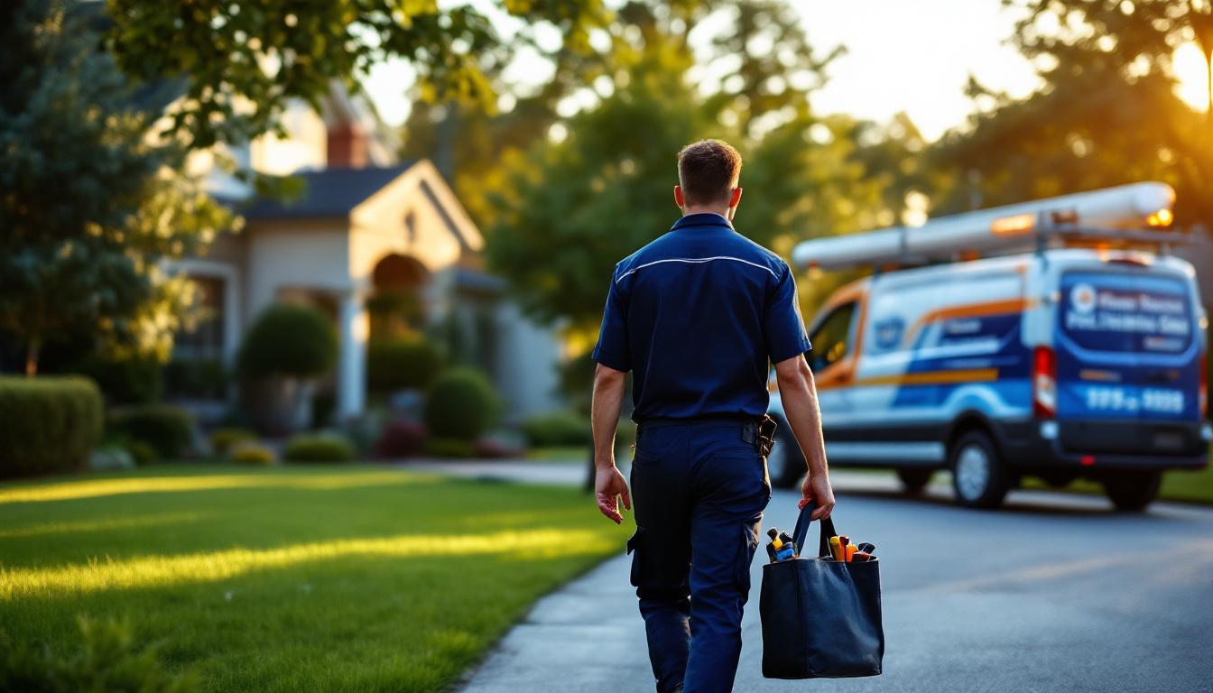 Plumbing service van and uniformed plumber walking toward a residential job site at golden hour