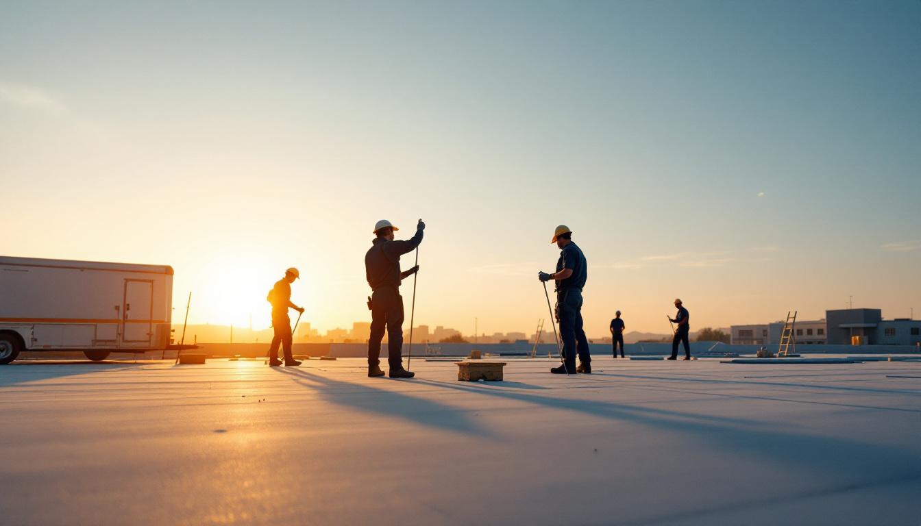 Uniformed roofing crew working on a large commercial flat roof at golden hour
