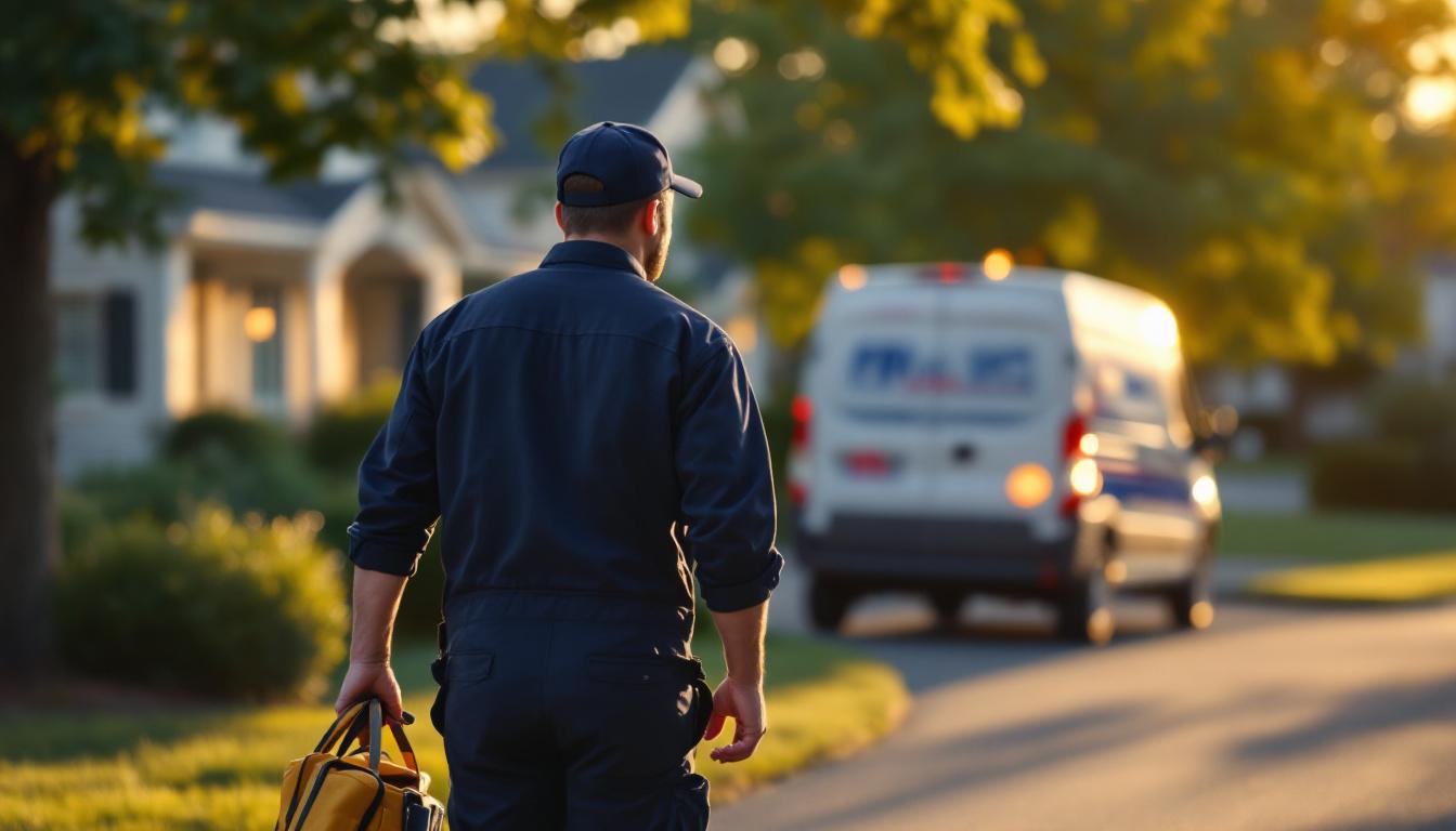 HVAC service technician walking toward a residential job site at golden hour with a service van parked at the curb