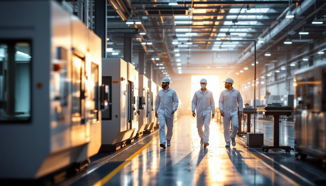 Industrial manufacturing facility floor with workers walking past CNC machining equipment