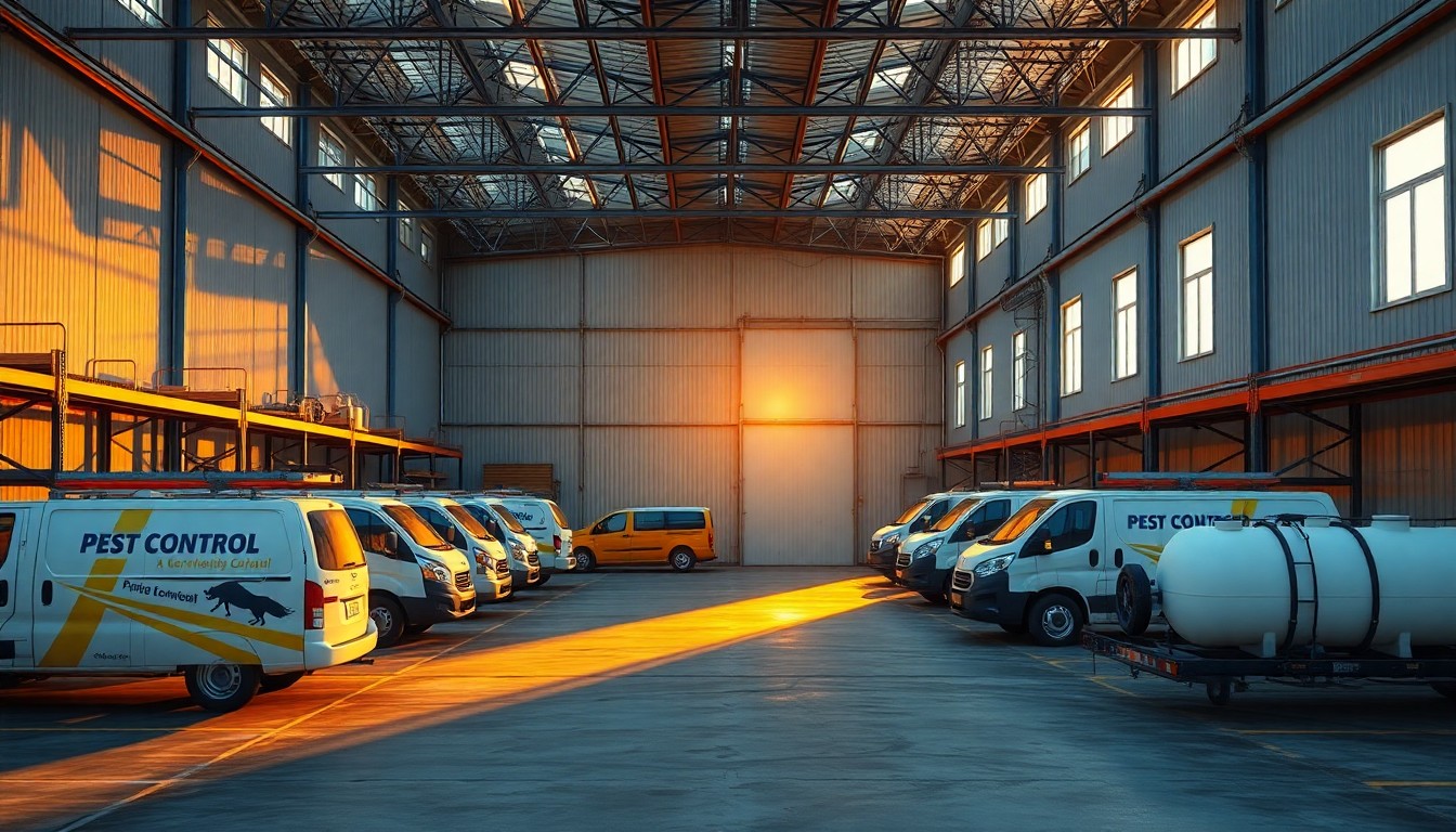 Pest control operations facility with branded service trucks at golden hour