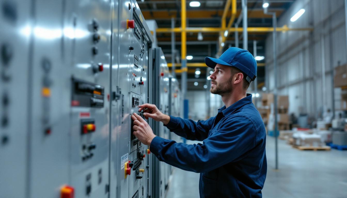 Arkansas electrical contractor in clean uniform inspecting an industrial panelboard inside a Northwest Arkansas distribution facility under bright daylight