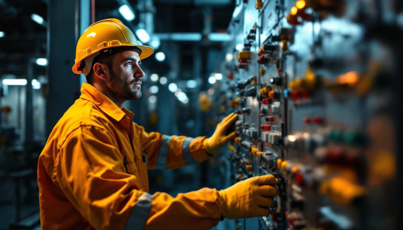 Louisiana industrial electrician in clean uniform inspecting a high-voltage motor control center inside a Gulf Coast petrochemical facility under bright daylight