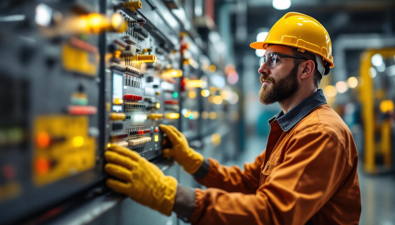 Michigan industrial electrician in clean uniform inspecting a high-voltage motor control center inside an automotive EV battery plant under bright daylight