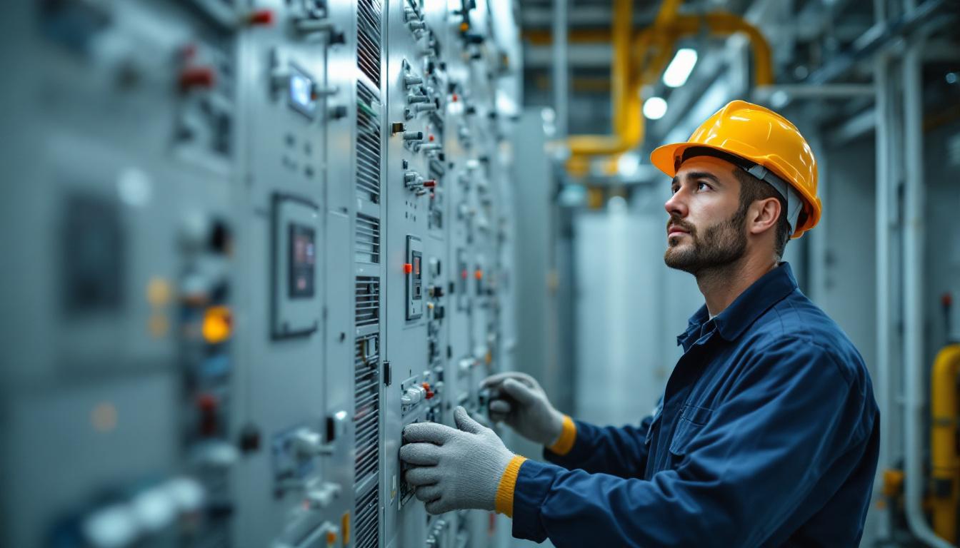 Nebraska electrical contractor in clean uniform inspecting a commercial switchgear lineup inside a modern data center facility under bright daylight