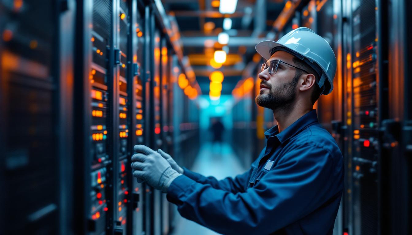 Utah electrical contractor in clean uniform inspecting a hyperscale data center electrical room with rows of switchgear under bright daylight