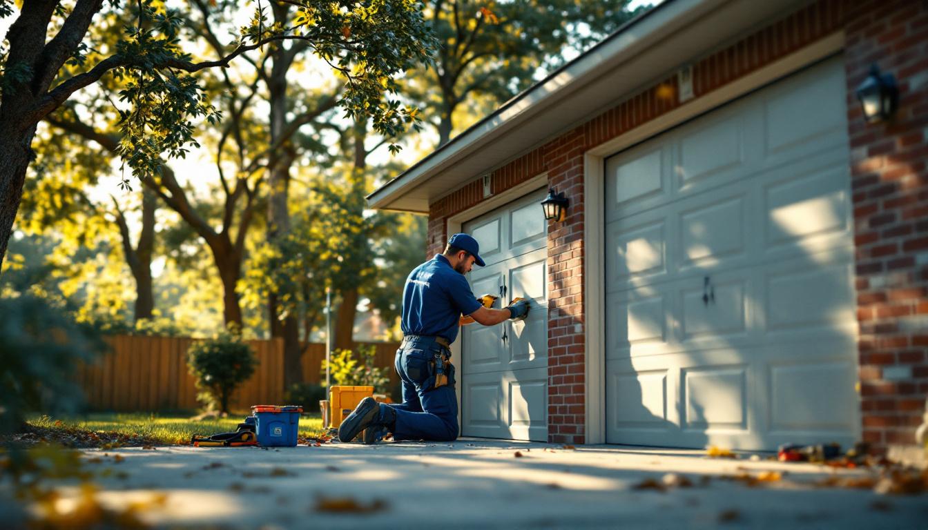Garage door technician installing an insulated sectional residential garage door on a brick suburban home in Birmingham Alabama with mature southern pines and humid summer light
