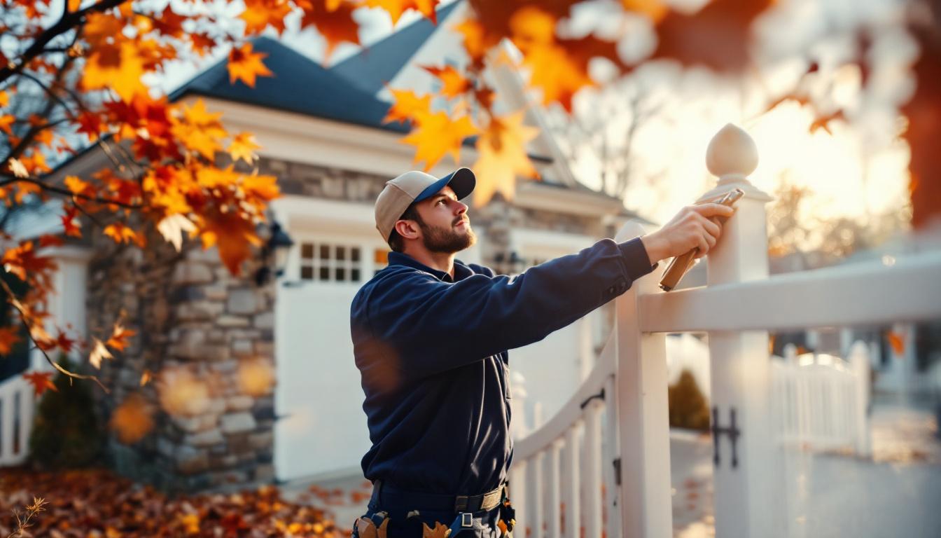 Garage door technician installing a new residential carriage-style garage door on a colonial home in Fairfield County Connecticut with autumn foliage in the background