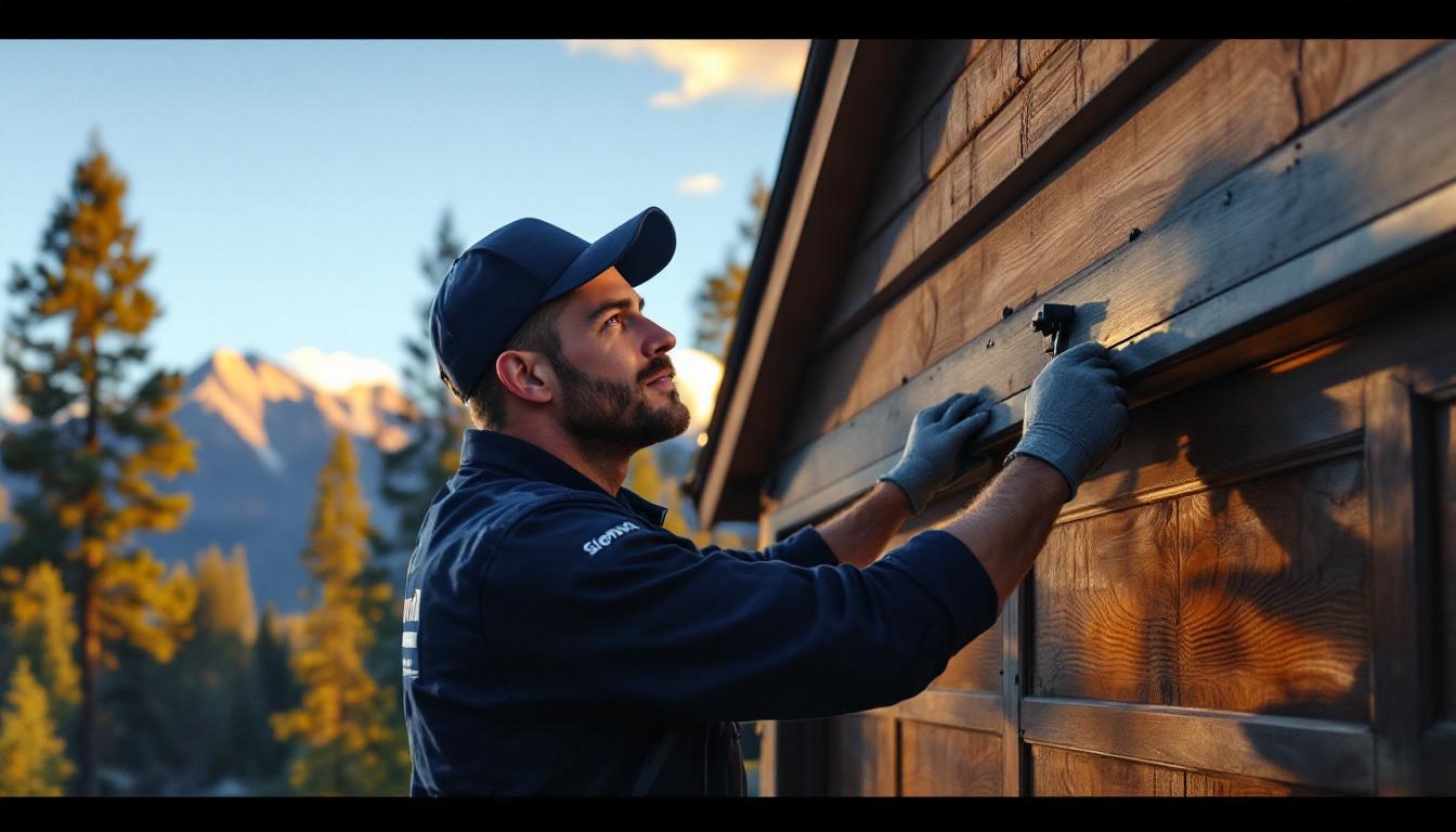 Garage door technician installing a new residential garage door on a Boise foothills home with the Sawtooth mountains in the background