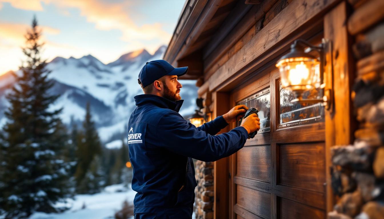Garage door technician installing an insulated sectional residential garage door on a timber-frame mountain home in Bozeman Montana with snow-capped Bridger Range in the background