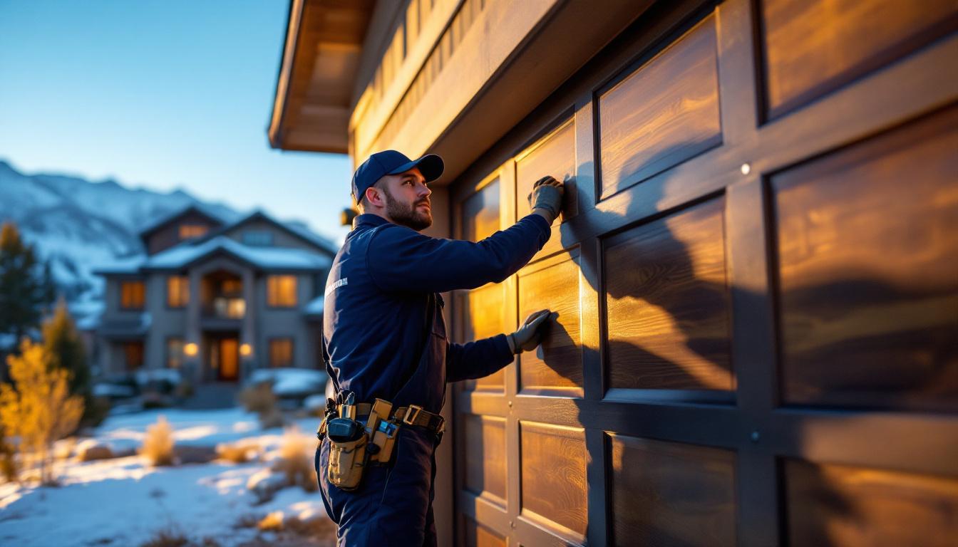 Garage door technician installing a new residential garage door on a Wasatch Front home with the snow-capped mountains rising behind