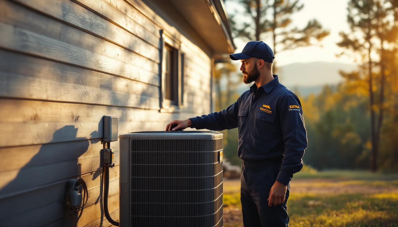 HVAC technician inspecting a residential air conditioning unit beside an Arkansas home with the Ouachita Mountains and pine forest in the background