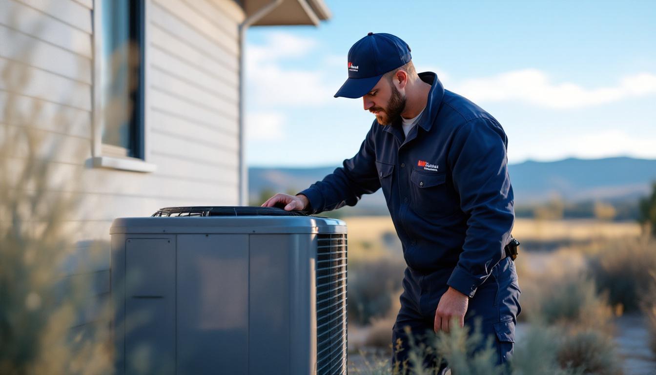 HVAC technician inspecting an exterior heat pump on a Boise Idaho residential home with the Boise foothills in the background