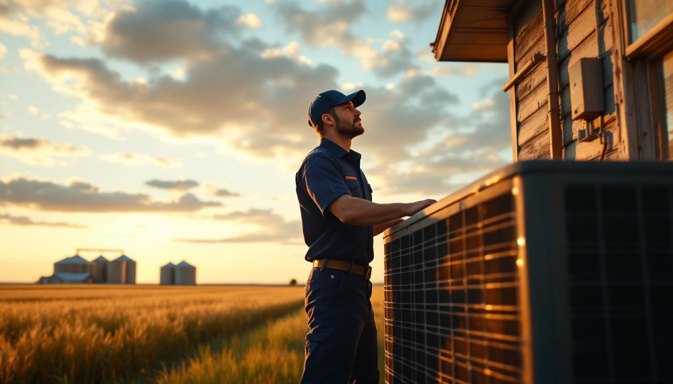 HVAC technician inspecting a residential air conditioning unit beside a Kansas farmhouse with open prairie and grain silos in the background