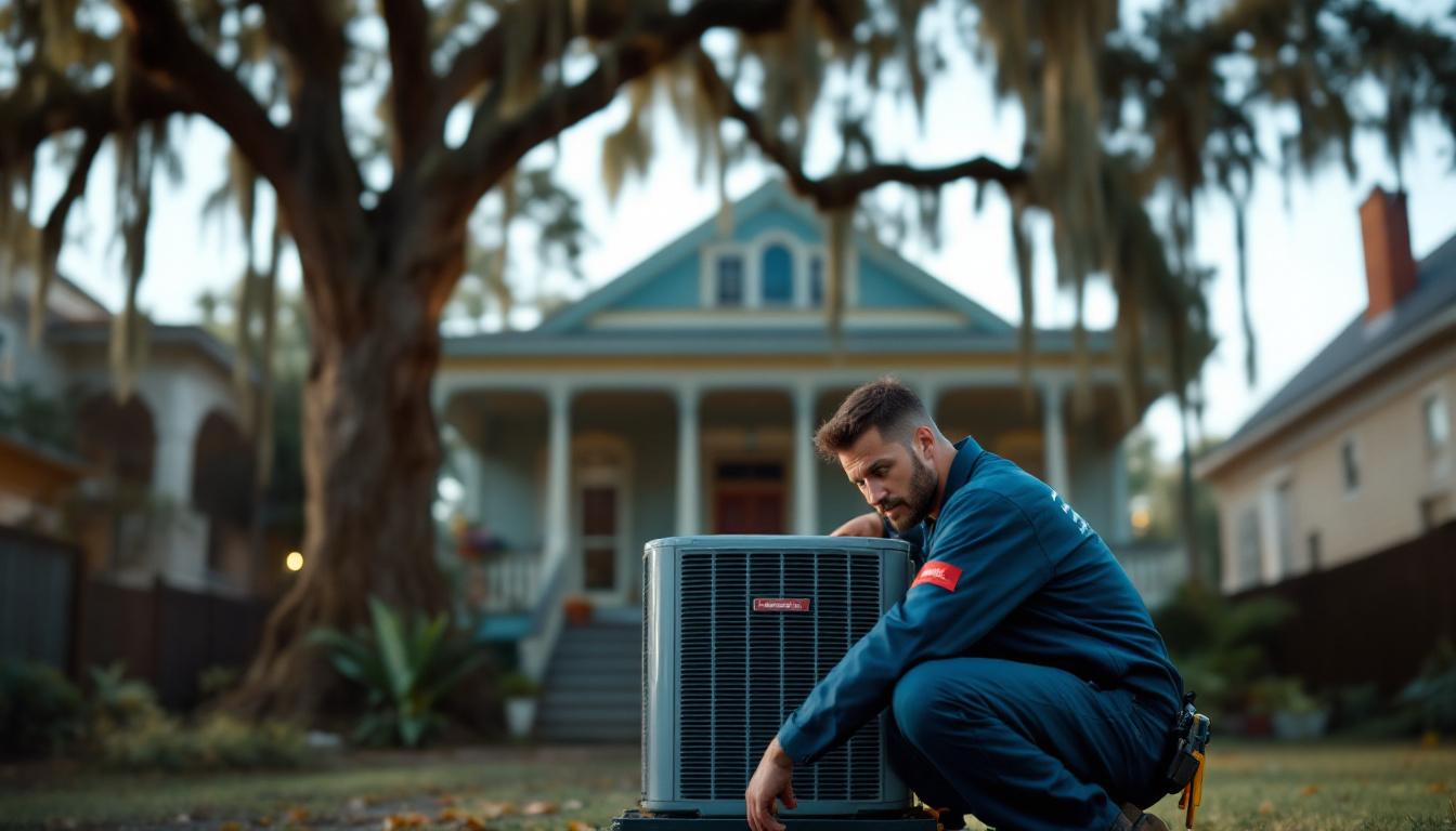 HVAC technician servicing a residential condenser unit on a New Orleans Louisiana shotgun home with palm trees and humid Gulf Coast sky in the background