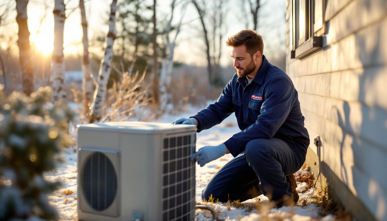 HVAC technician installing a cold-climate ductless heat pump on the exterior of a New England colonial home in Portland Maine with snow on the lawn and bare birch trees in the background