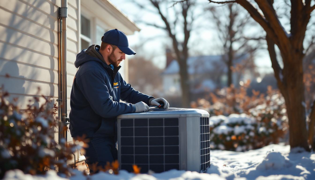HVAC technician installing a high-efficiency furnace and air conditioning system in a suburban Detroit Michigan home with snow on the lawn and bare maple trees in the background